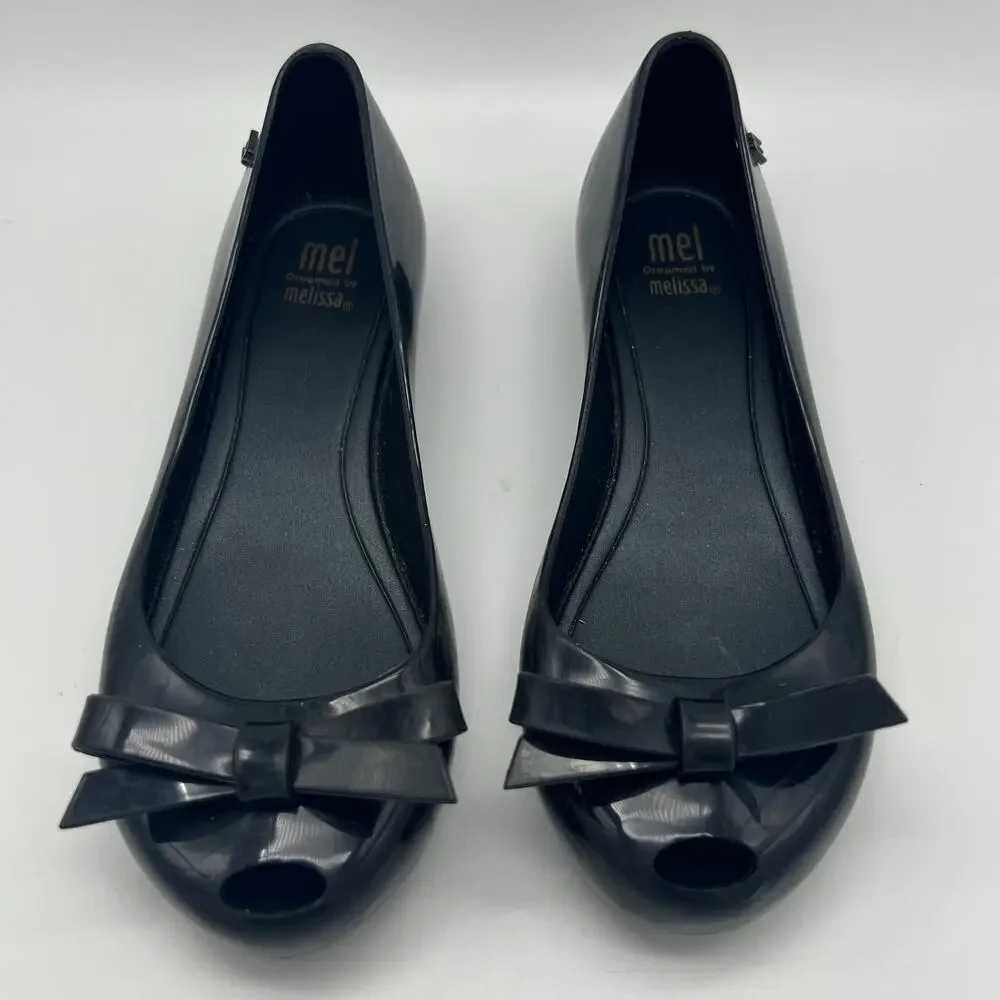 Mel Melissa Ultragirl Bow Ballet Flats Peep Toe Jelly Girls Size 2 Black Dressy